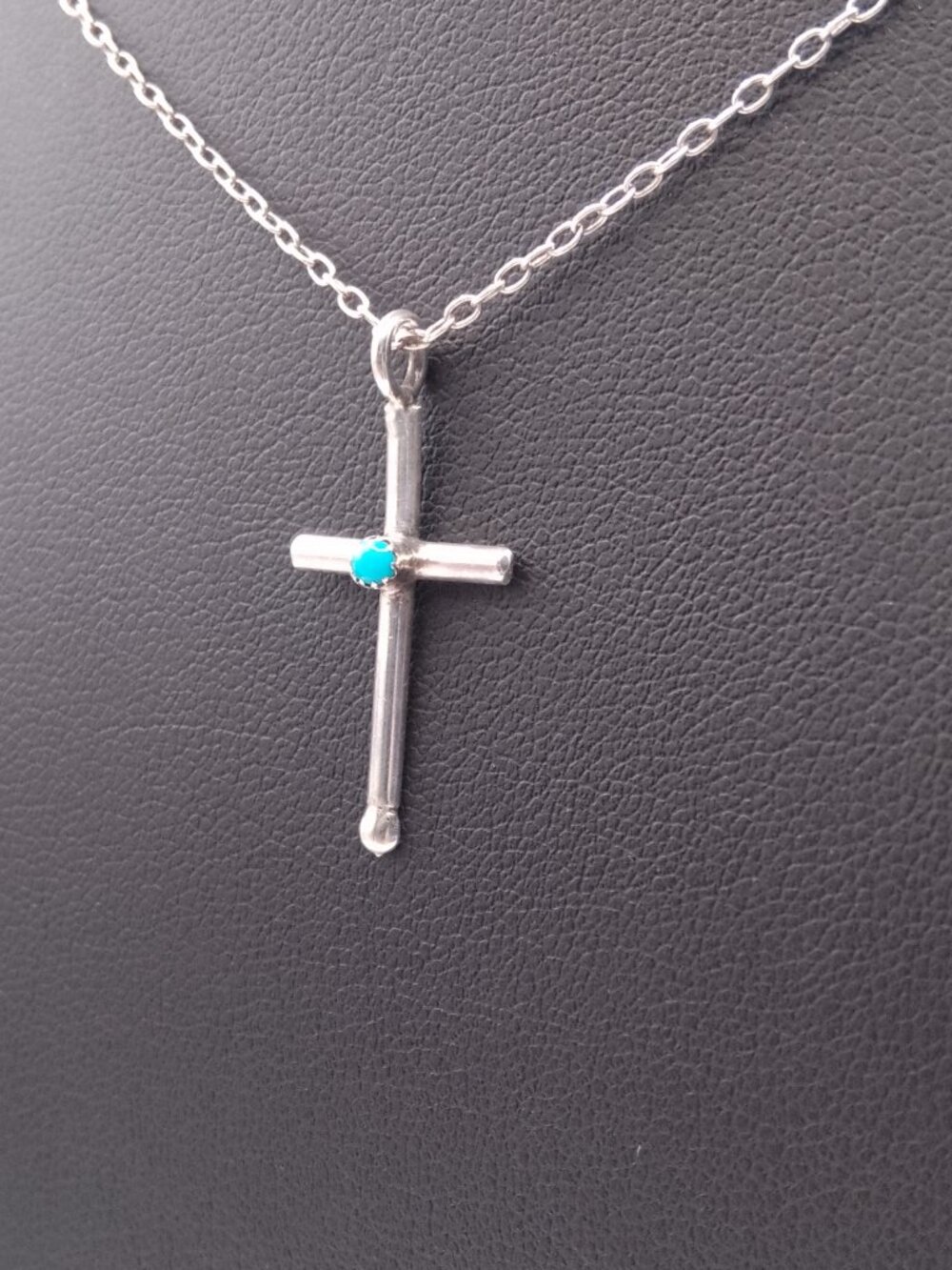 Vintage Sterling Silver Turquoise Cabochon Cross Pendant Necklace Native America